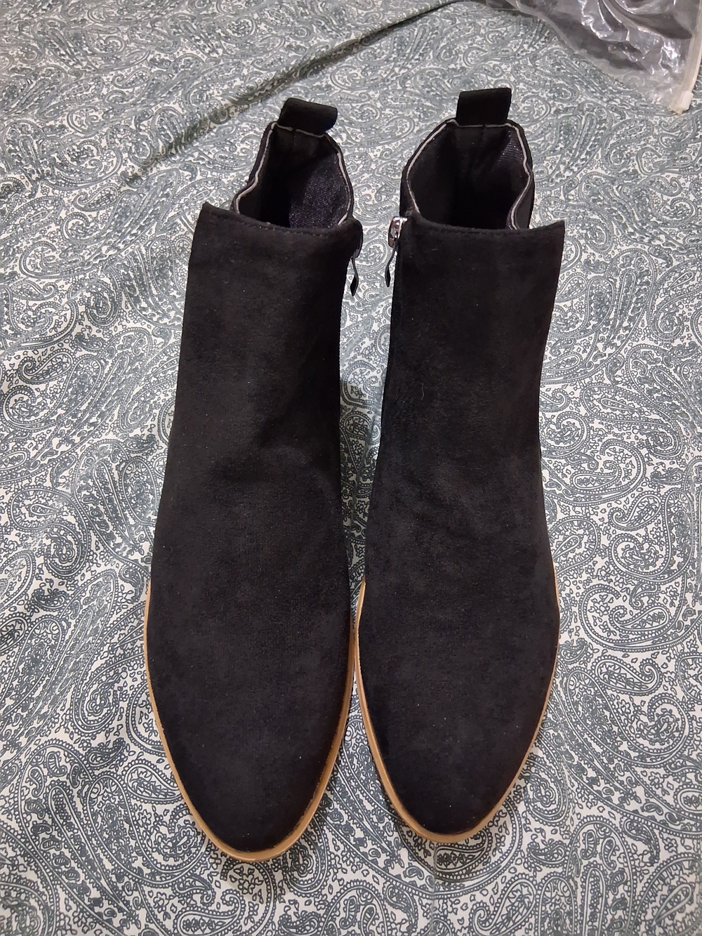 jcpenney Black Suede Ankle Booties with Side Zipper and Tan Sole